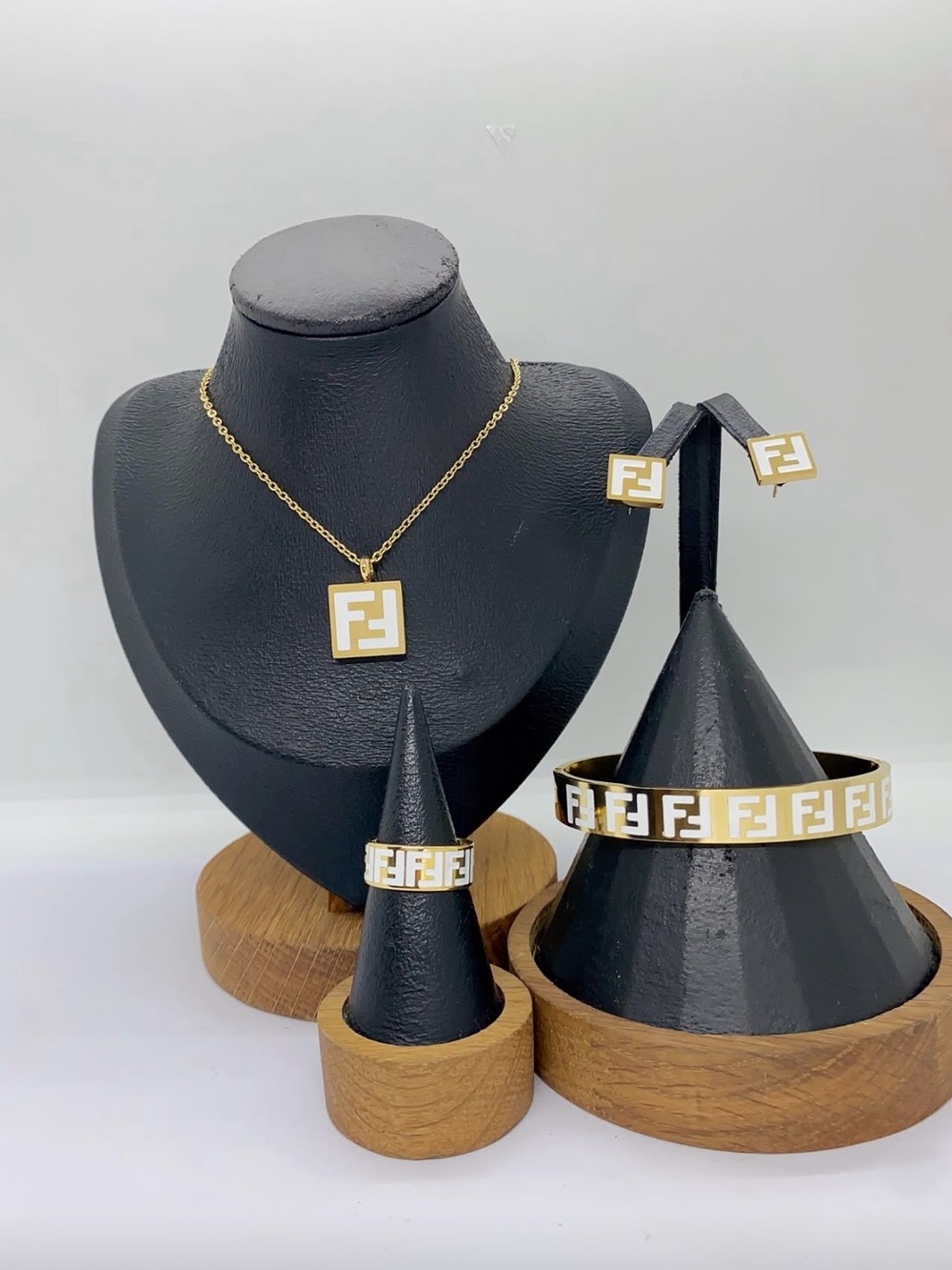 Fashion Jewelry Gold and White Logo Necklace, Bracelet, Ring & Studs Set